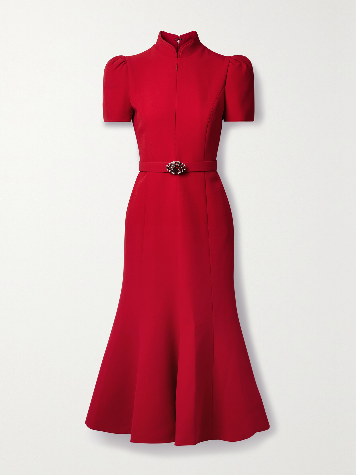 Andrew Gn Belted Crystal And Faux Pearl-embellished Crepe Midi Dress In Red