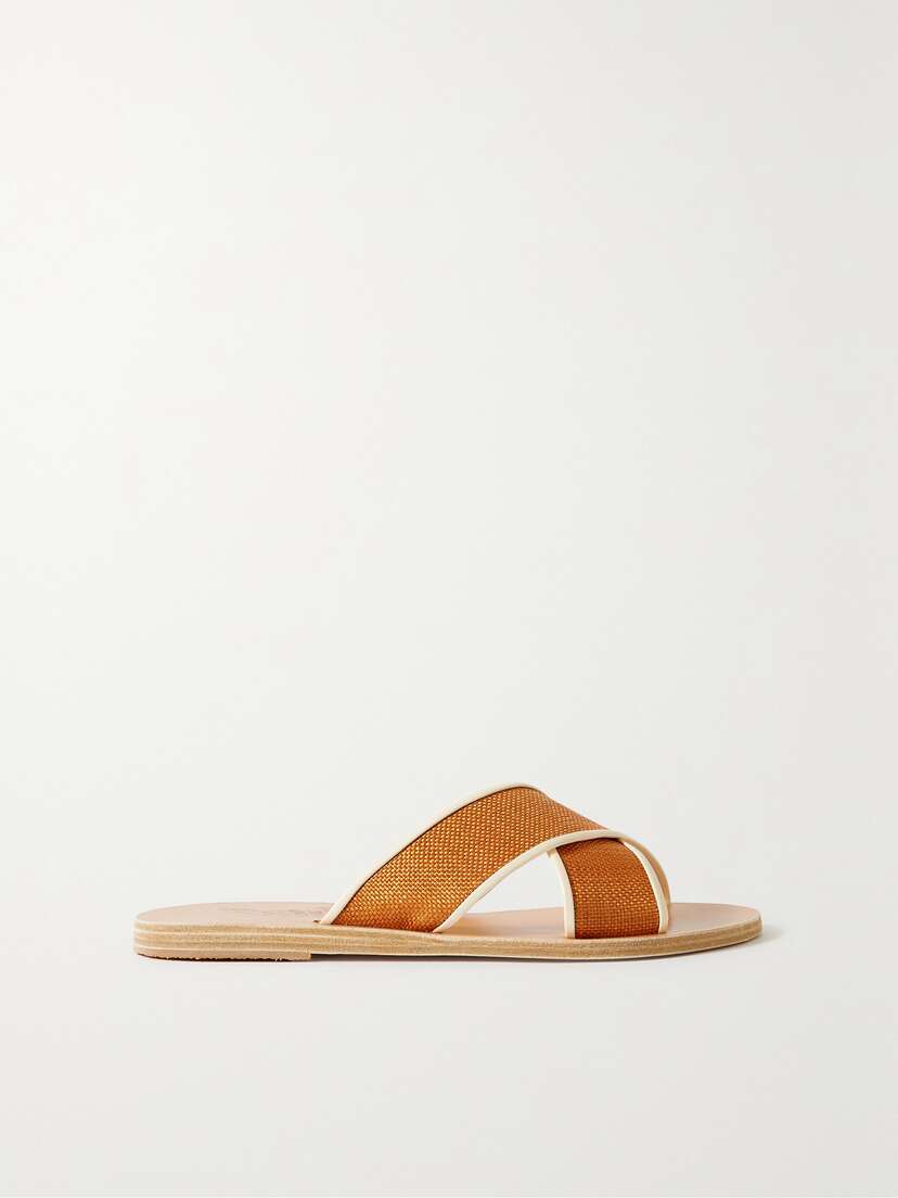 Ancient Greek Sandals Thais Leather-trimmed Raffia Slides