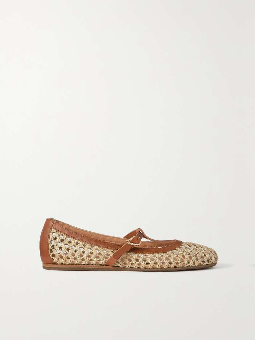 Ancient Greek Sandals Aerati Leather-trimmed Woven Raffia Ballet Flats
