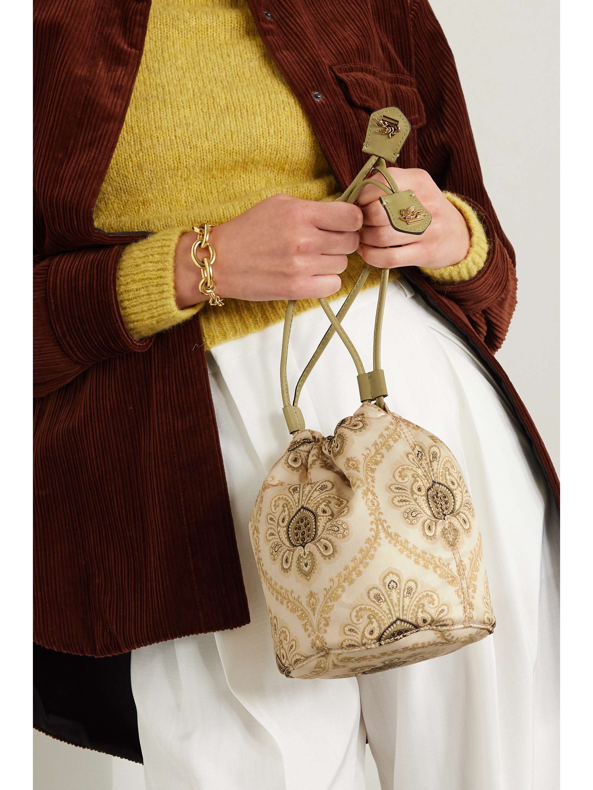 Embroidered leather-trimmed paisley-print coated-canvas shoulder bag