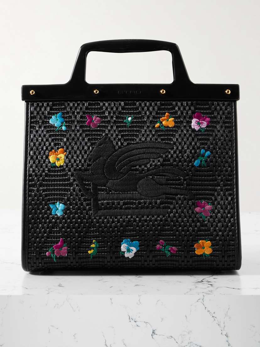 Etro Love Trotter Leather-trimmed Embroidered Raffia Tote