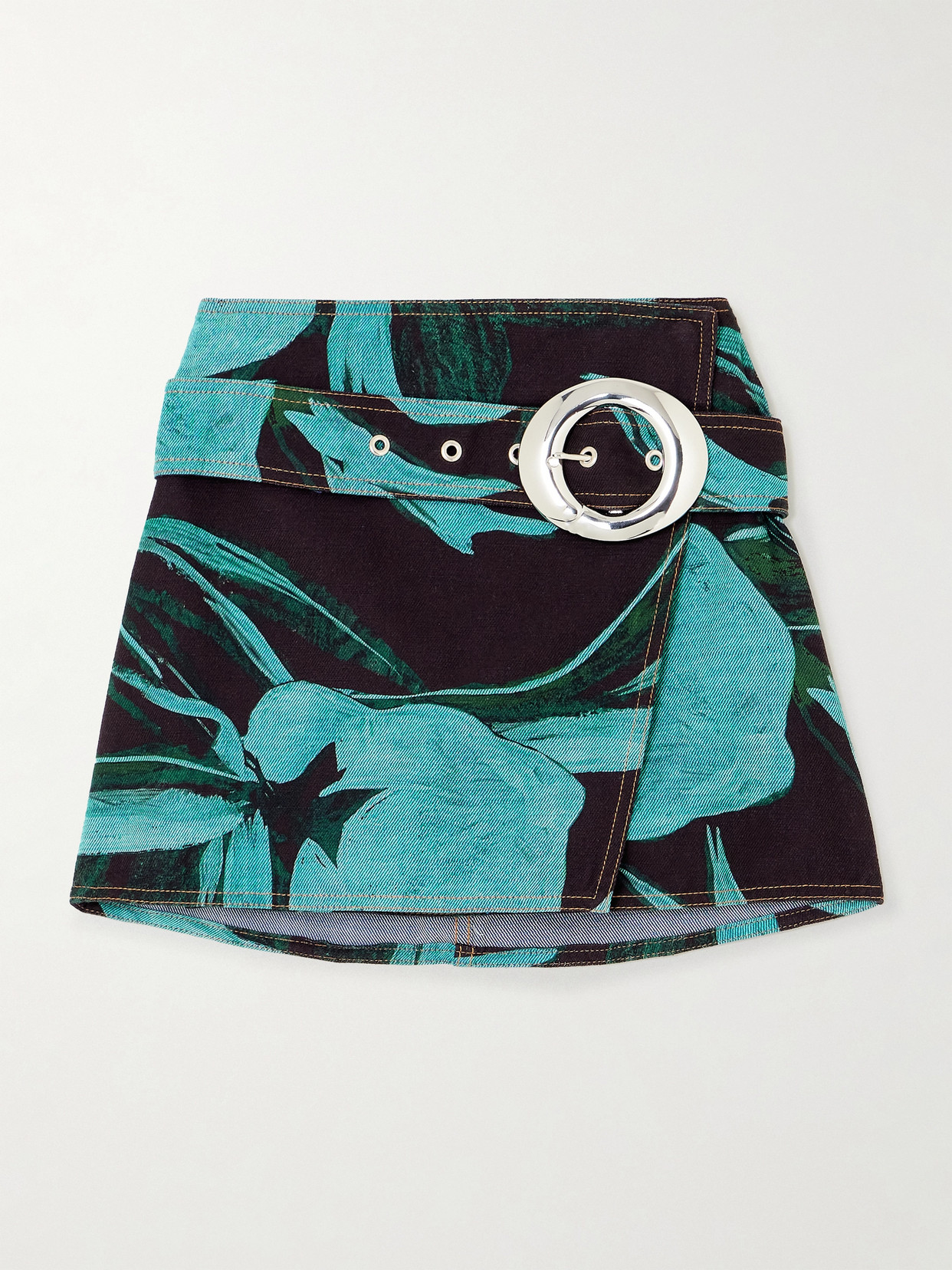LOUISA BALLOU PRINTED DENIM MINI WRAP SKIRT