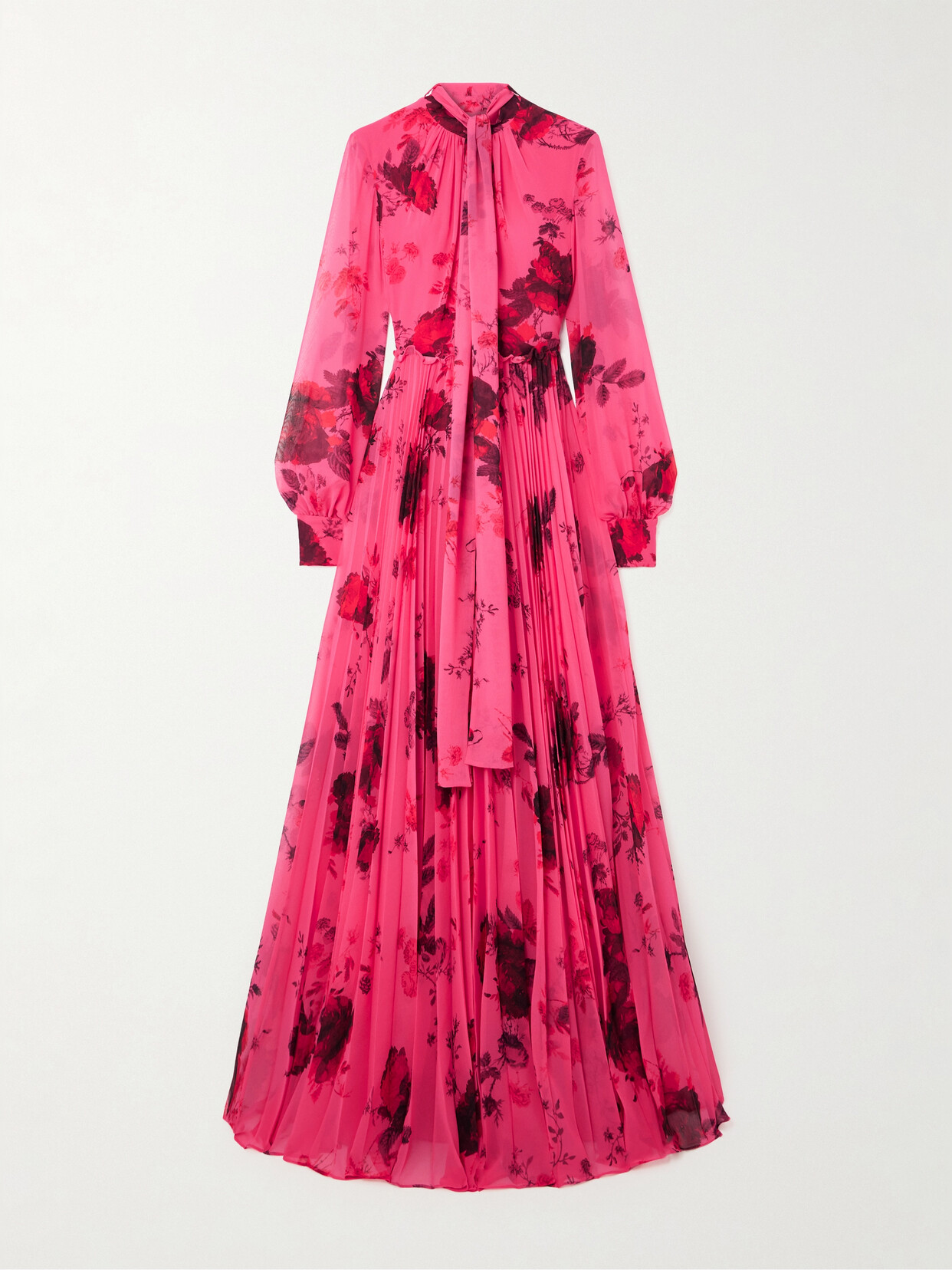 Erdem - Pussy-bow Floral-print Pleated Crepe De Chine Gown - Red