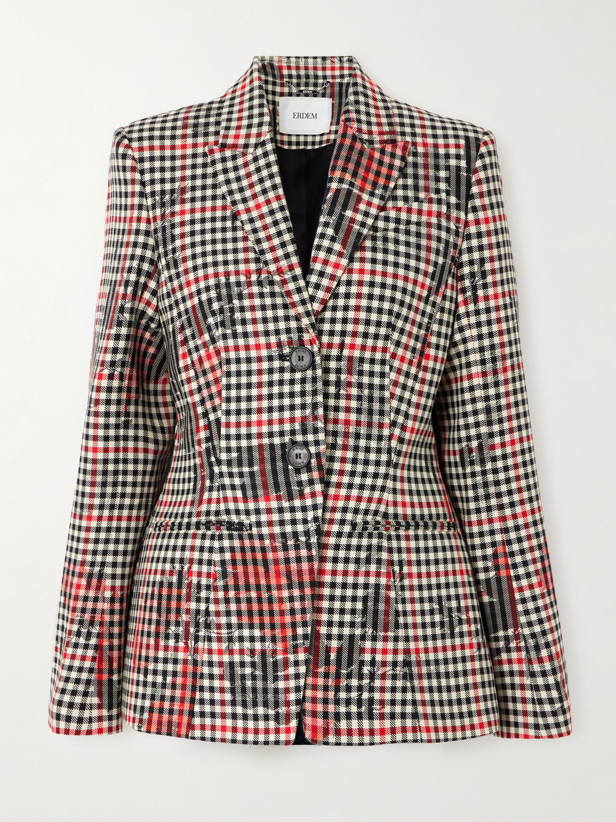 Erdem Floral-print Checked Tweed Blazer In Black