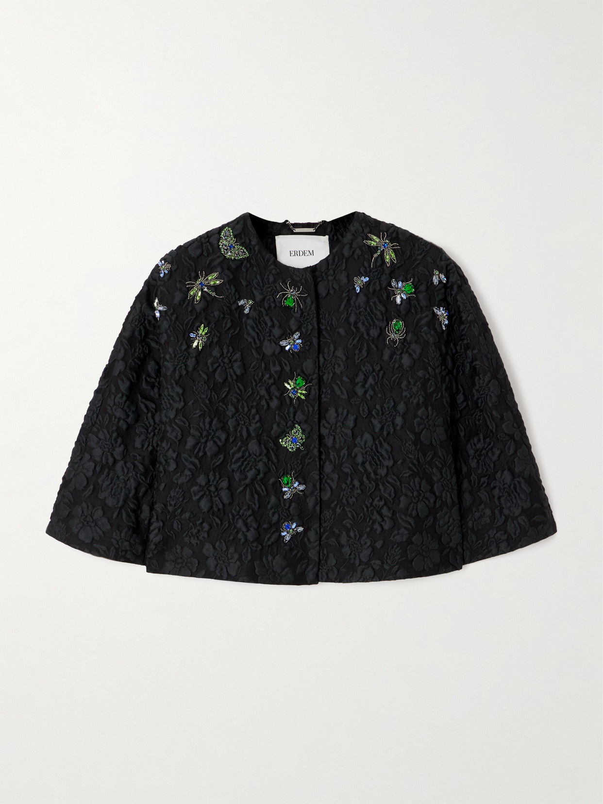 Erdem Cropped Cape-effect Appliquéd Cloqué Jacket - Black