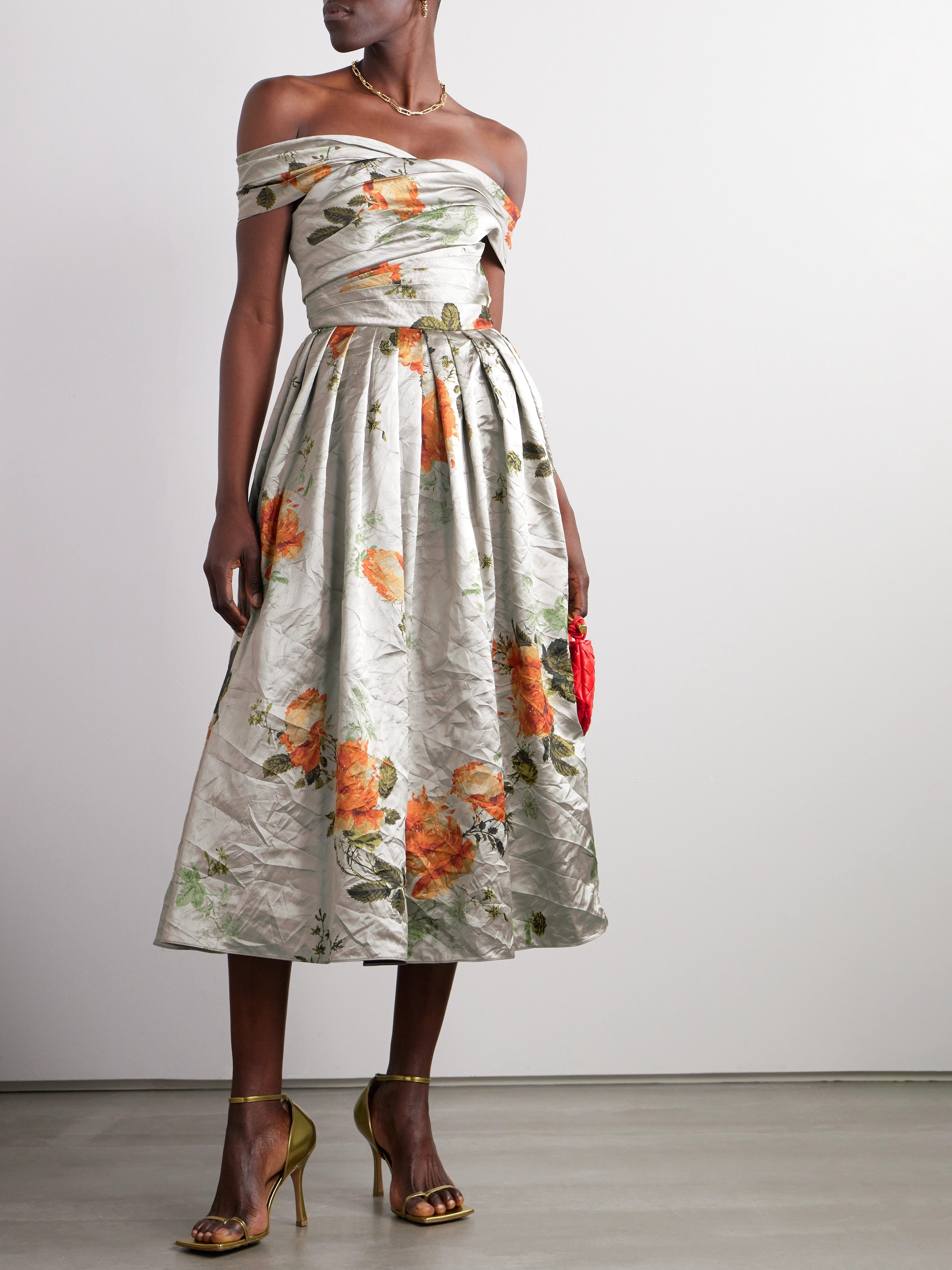 Erdem Off-the-shoulder floral-print metallic crinkled-satin midi dress
