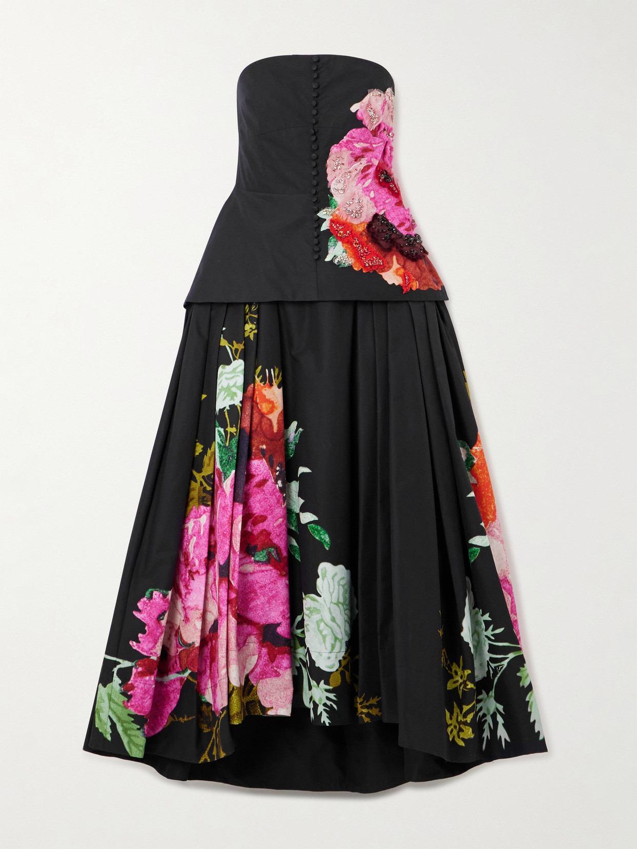 Erdem Strapless Crystal-embellished Floral-print Cotton-faille Midi Dress In Black