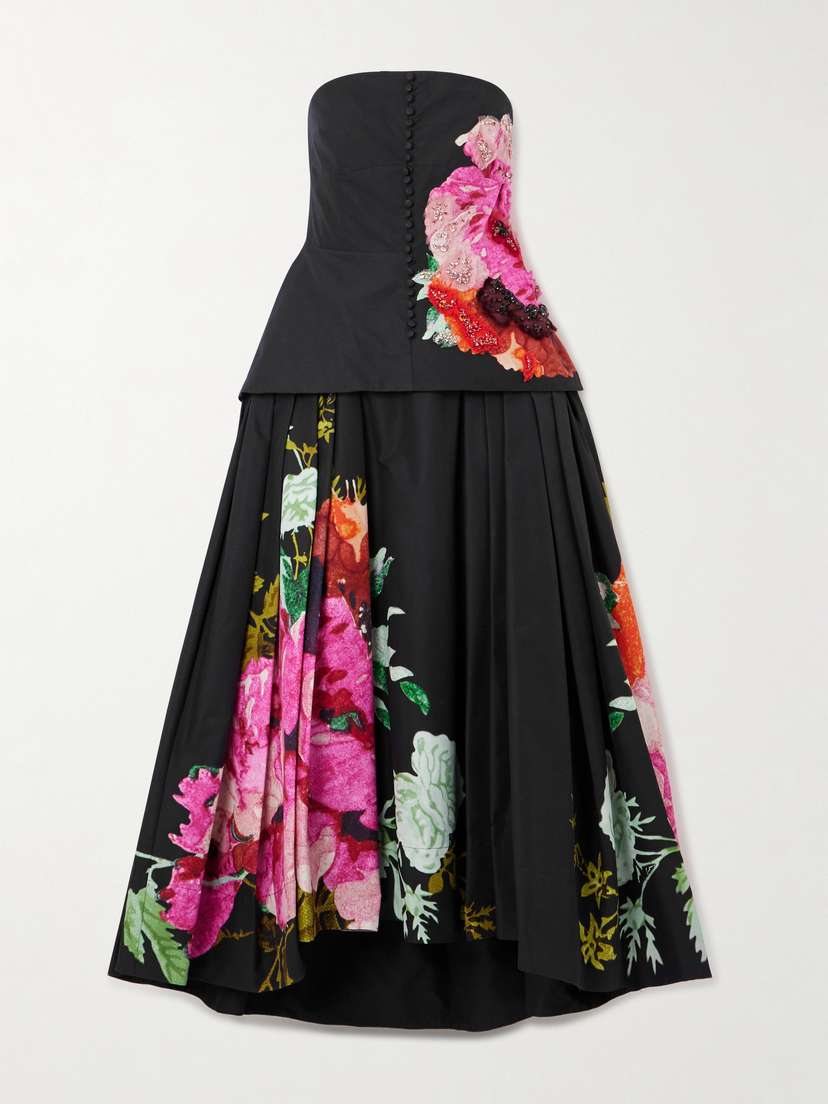 Erdem Strapless Crystal-embellished Floral-print Cotton-faille Midi Dress
