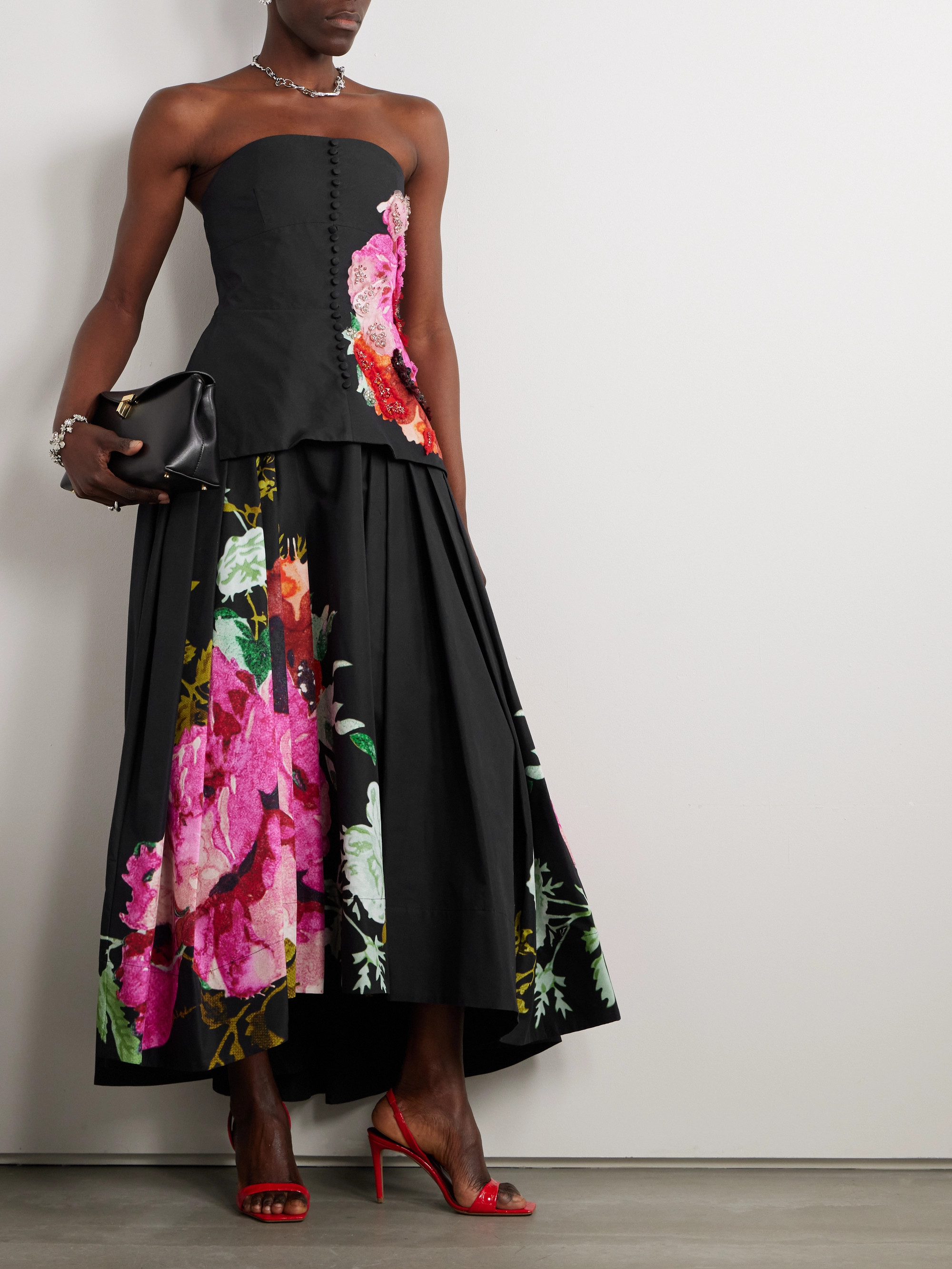 Erdem Strapless crystal-embellished floral-print cotton-faille midi dress