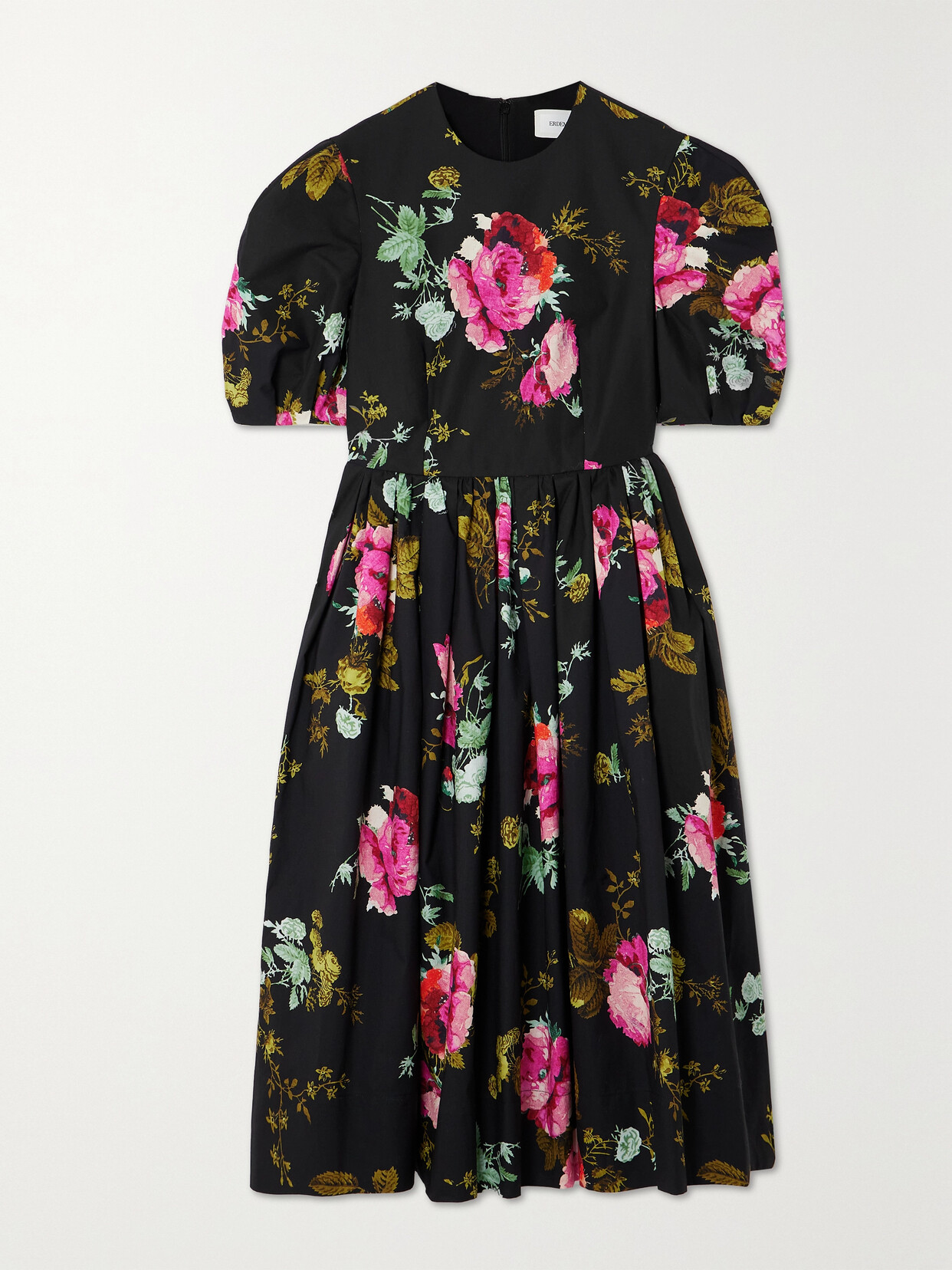 Shop Erdem Floral-print Gathered Cotton-faille Midi Dress In Black