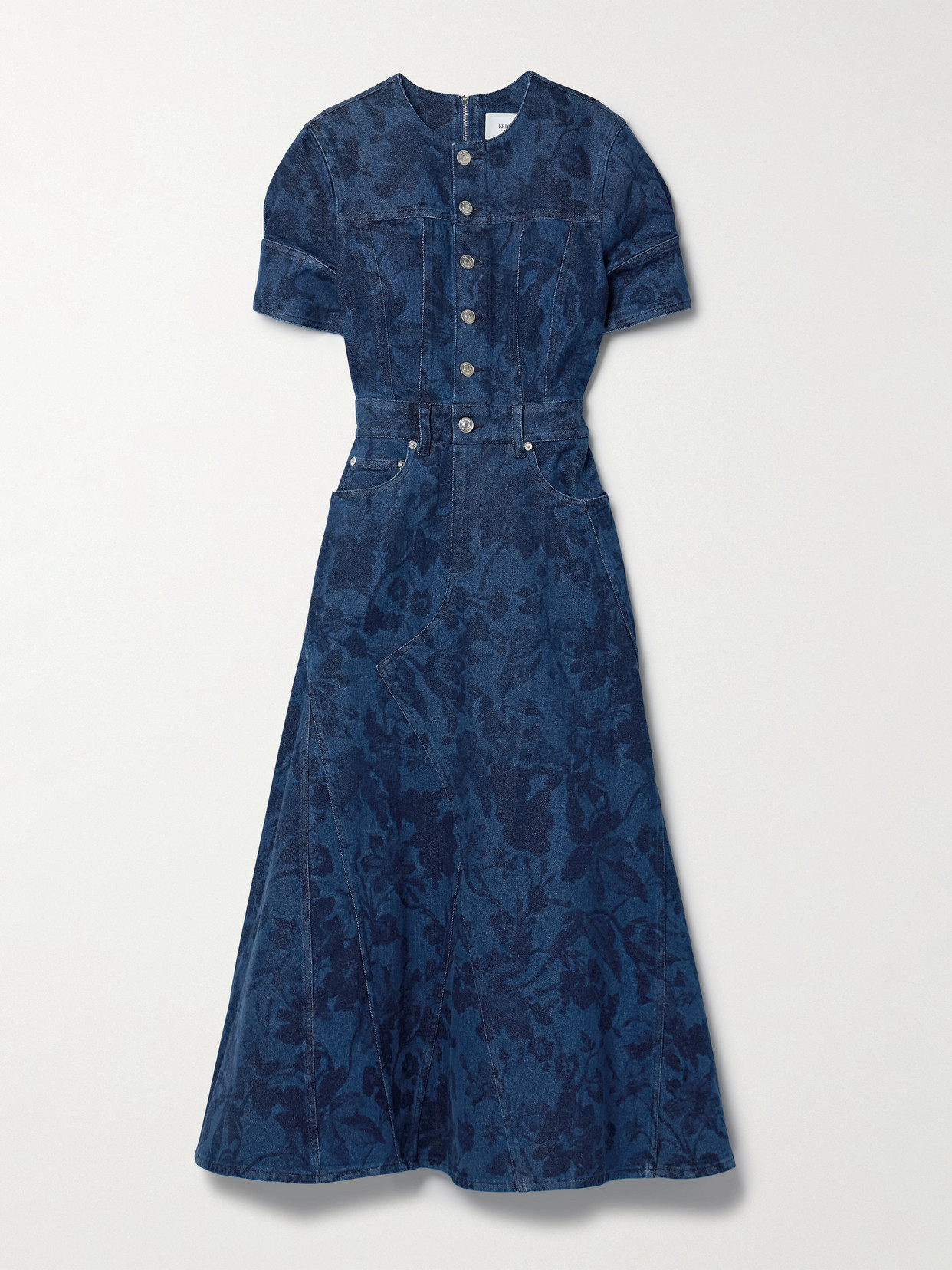 Erdem Leather-trimmed Floral-print Denim Midi Dress - Blue