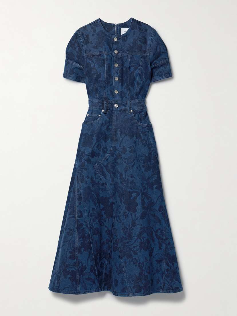 Erdem Leather-trimmed Floral-print Denim Midi Dress - UK 20