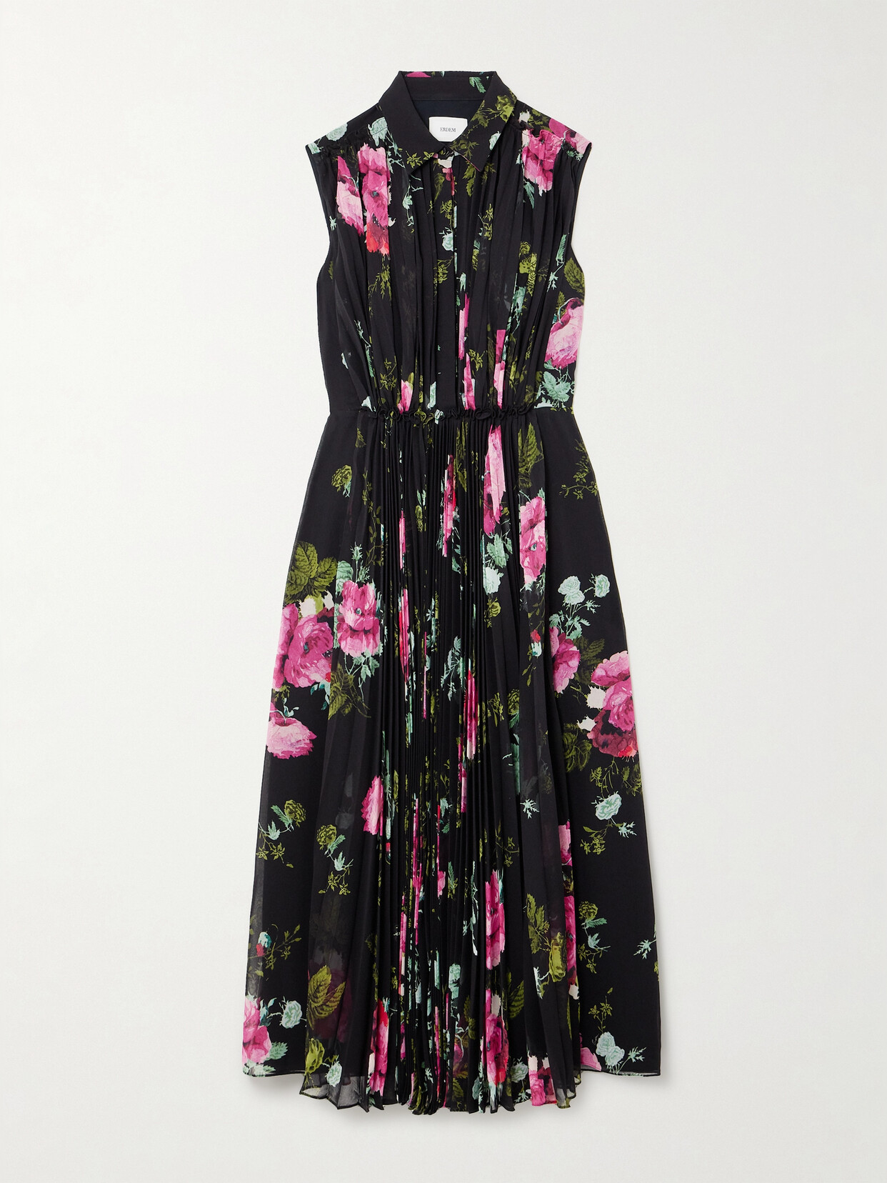 Shop Erdem Gathered Pleated Floral-print Chiffon Midi Dress In Black