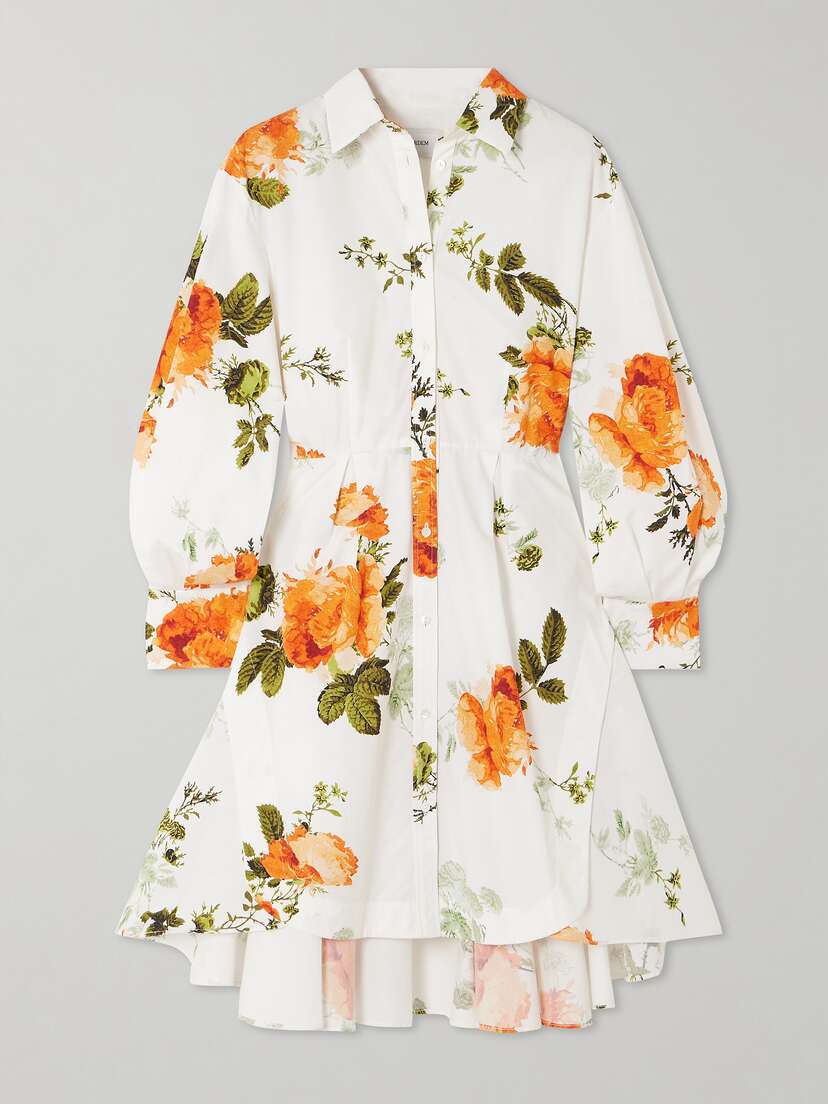 Erdem Asymmetric Pleated Floral-print Cotton-poplin Mini Shirt Dress