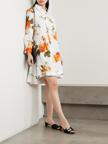Erdem Asymmetric pleated floral-print cotton-poplin mini shirt dress
