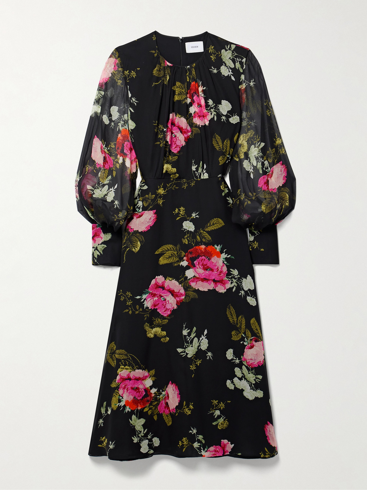 Erdem Floral-print Silk-chiffon Midi Dress In Black