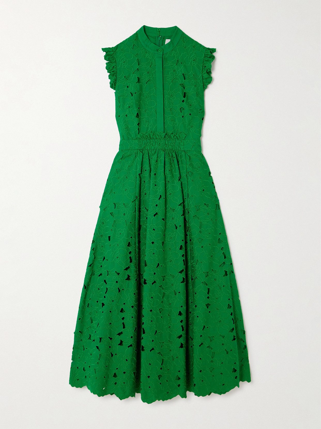 Erdem Scalloped Gathered Cotton-blend Guipure Lace Midi Dress - Green