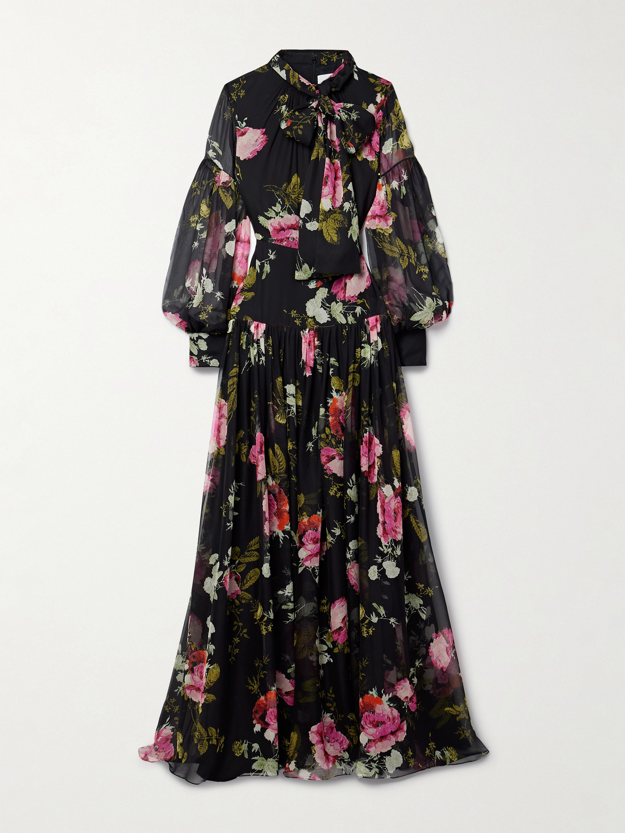 Erdem Pussy-bow Floral-print Silk-chiffon Maxi Dress - Black