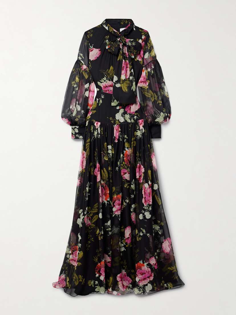 Erdem Tie-neck Floral-print Silk-voile Gown