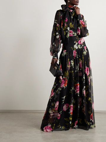Erdem Tie-neck floral-print silk-voile gown