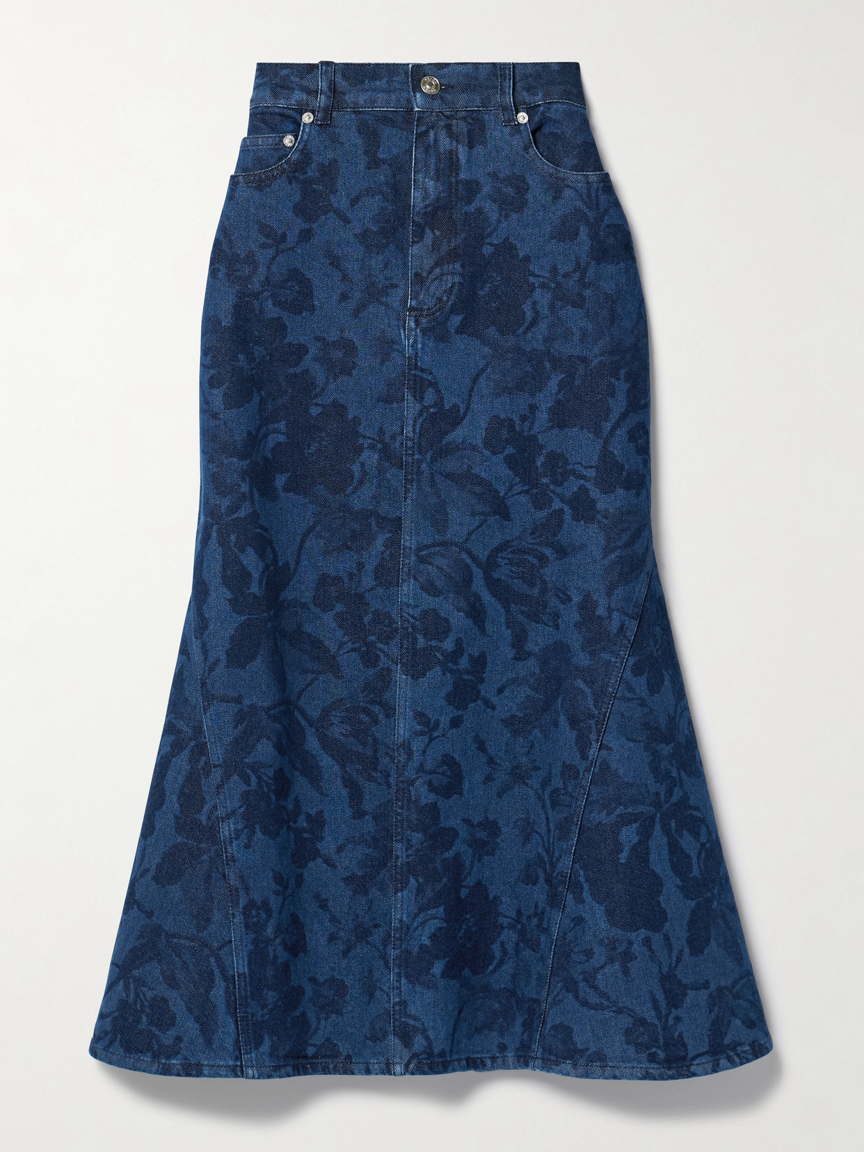 Erdem - Leather-trimmed Floral-print Denim Midi Skirt - Blue