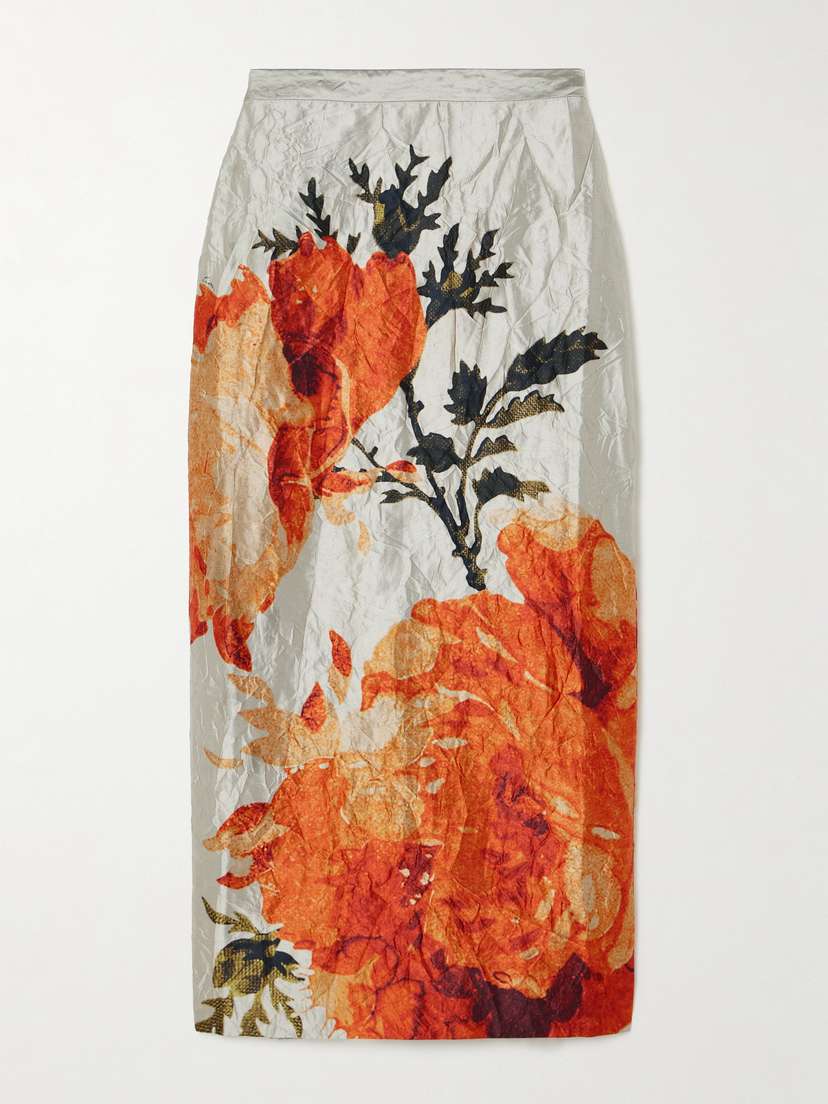Erdem Floral-print Crinkled-satin Midi Skirt