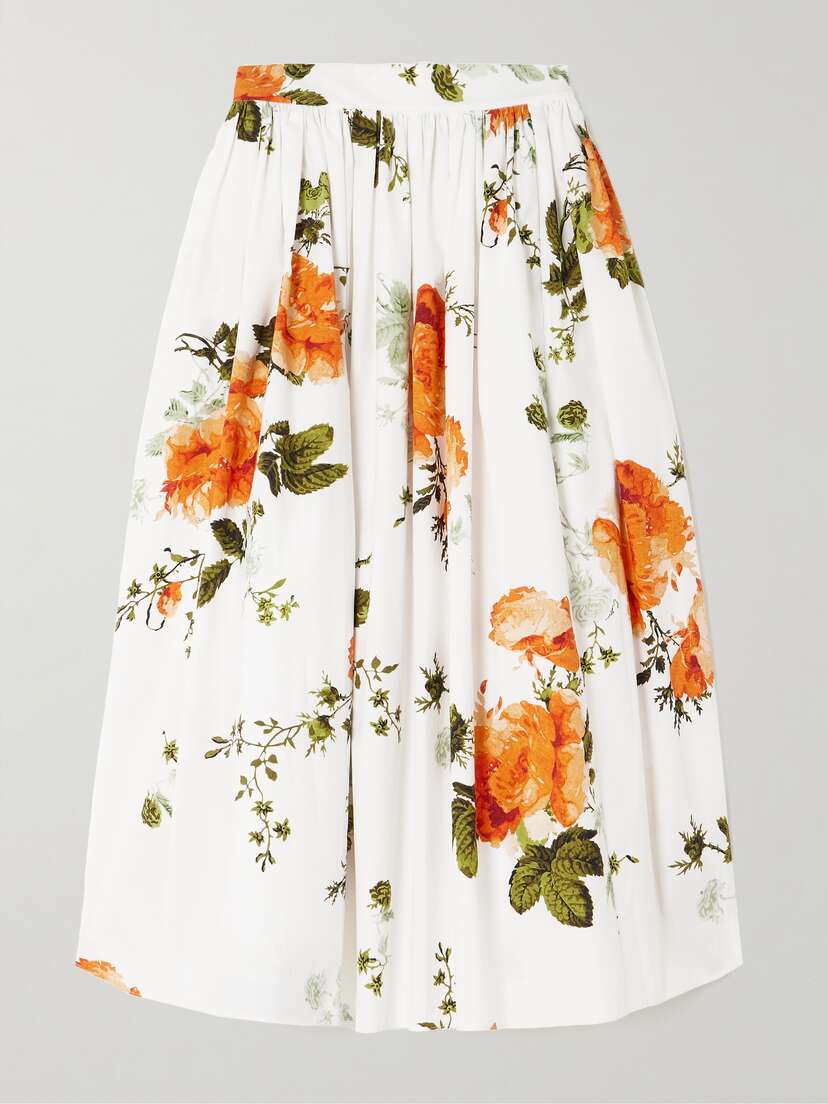 Erdem Gathered Floral-print Cotton-poplin Midi Skirt - UK 6