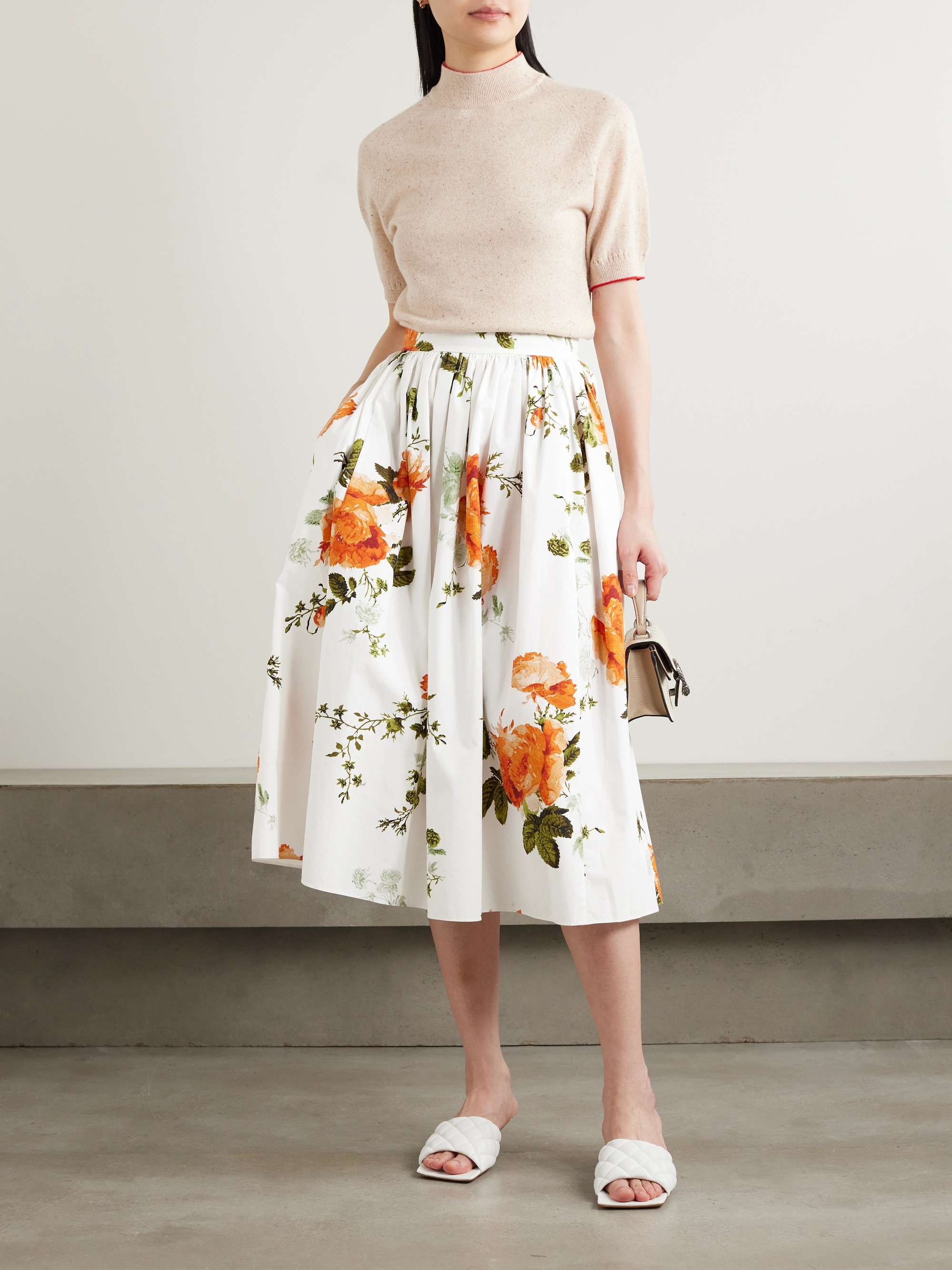Erdem Gathered Floral print Cotton poplin Midi Skirt Women White Skirts XL