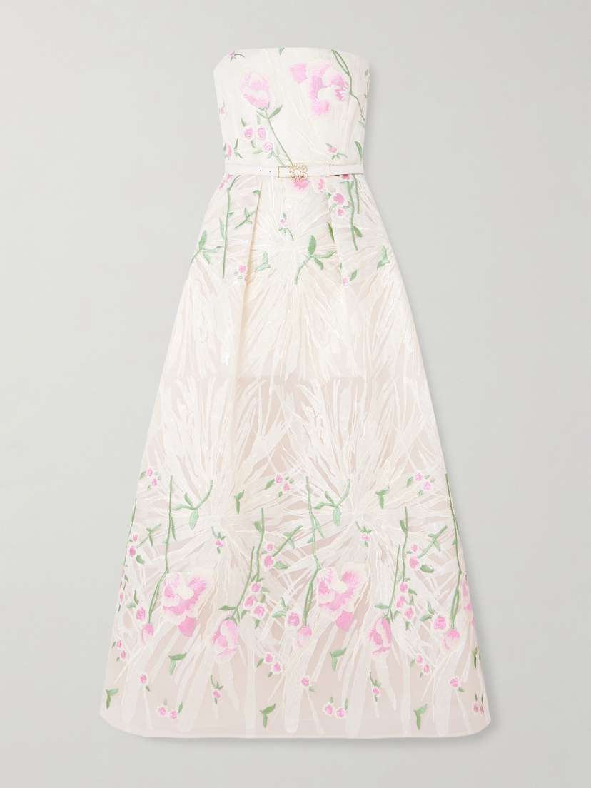 Elie Saab Belted Sequin-embellished Embroidered Strapless Tulle Gown