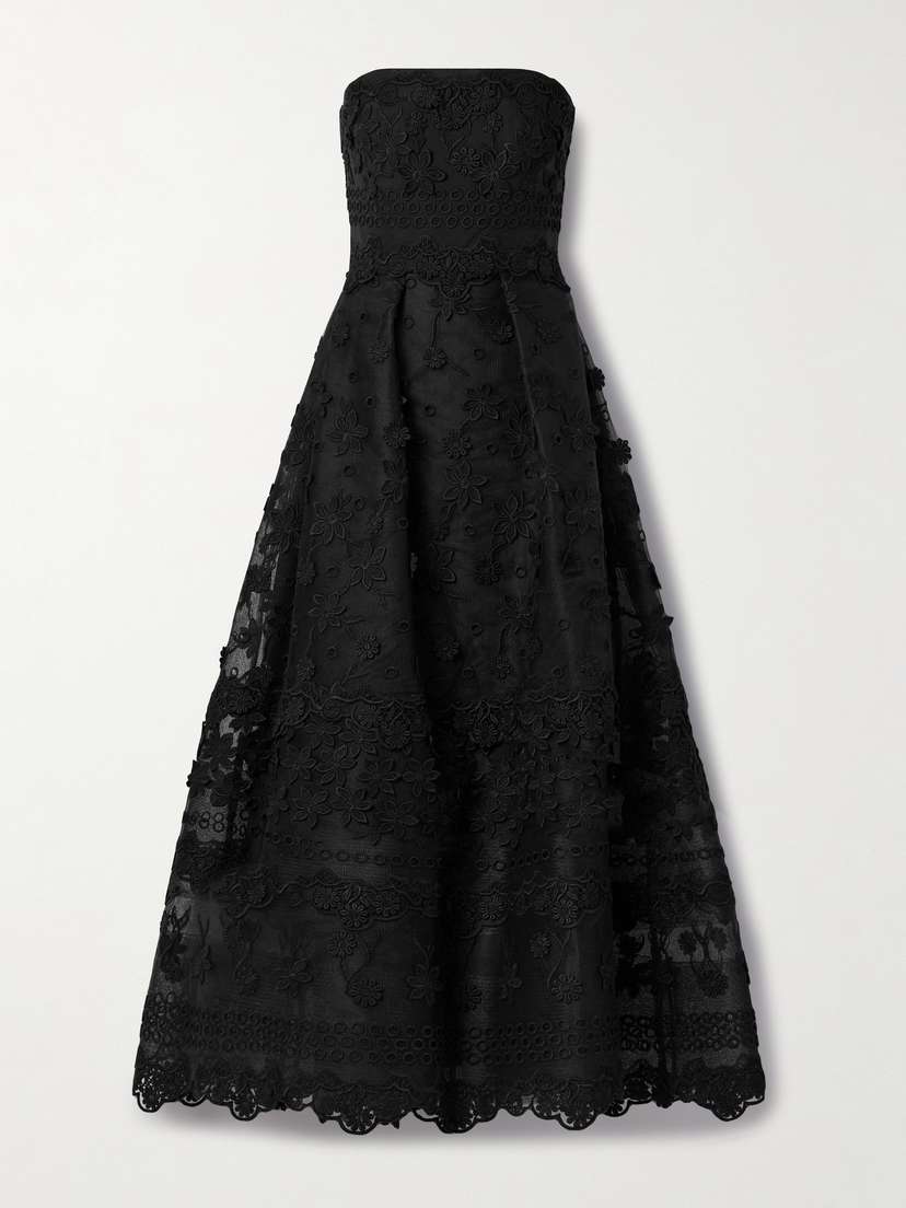 Elie Saab Strapless Appliquéd Embroidered Silk-blend Tulle Midi Dress