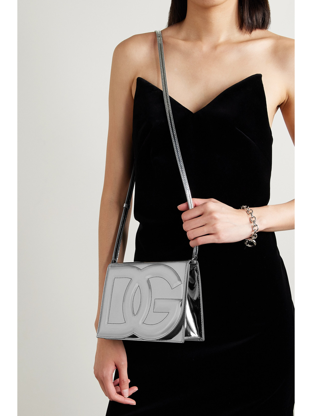 Dolce & Gabbana Metallic Patent-leather Shoulder Bag In Silver