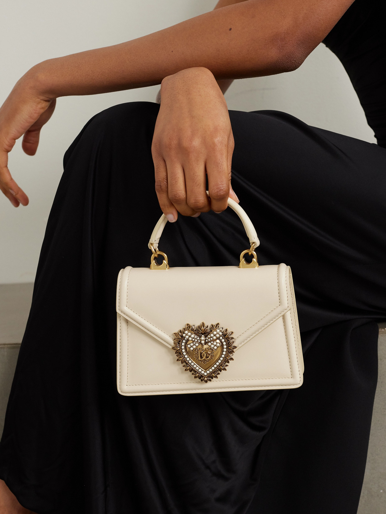 Dolce & Gabbana Devotion Small Embellished Leather Shoulder Bag In White