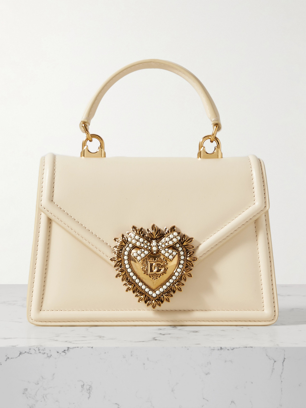 Dolce & Gabbana Devotion Small Embellished Leather Shoulder Bag In White