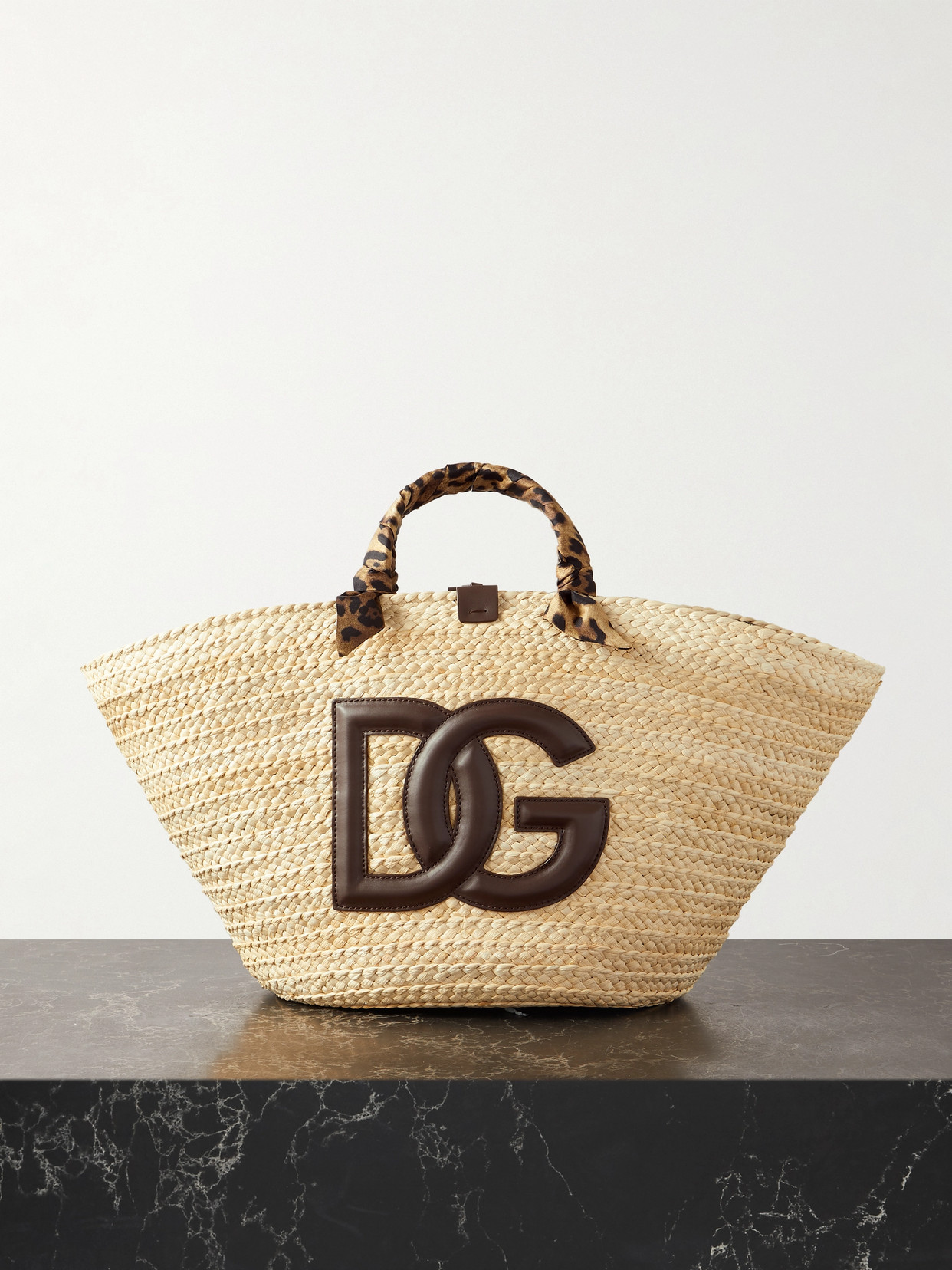 Shop Dolce & Gabbana Kendra Small Leather And Leopard-print Twill-trimmed Raffia Tote In Neutrals