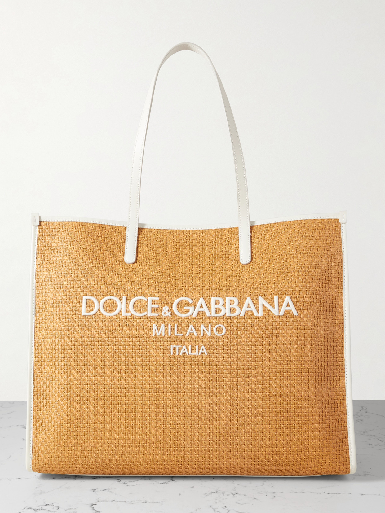 Dolce & Gabbana Large Embroidered Leather-trimmed Raffia Tote In Neutrals