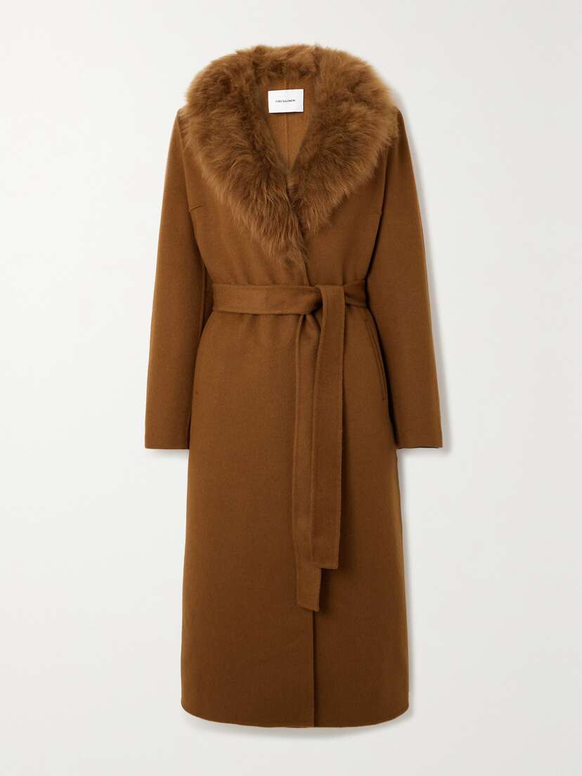 Yves Salomon Belted Shearling-trimmed Wool And Cashmere-blend Coat