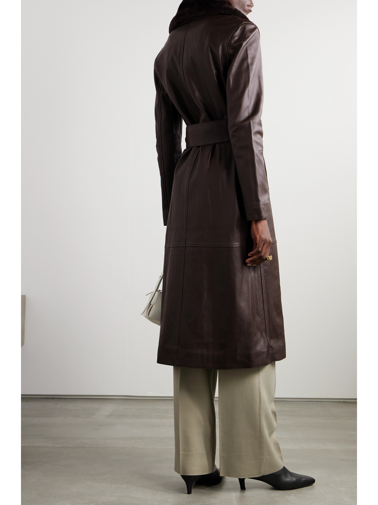 Yves Salomon Belted Shearling-trimmed Leather Coat In Brown