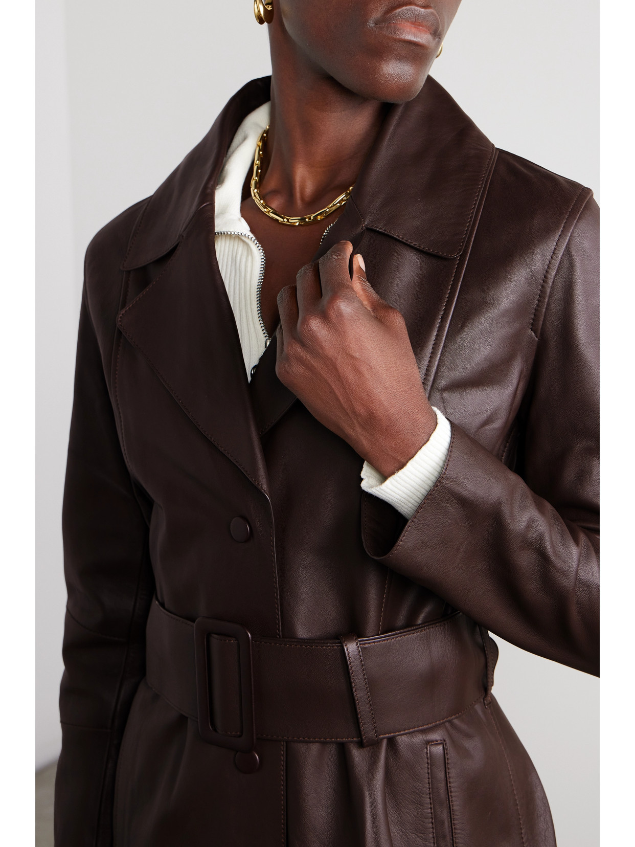 Yves Salomon Belted Shearling-trimmed Leather Coat In Brown