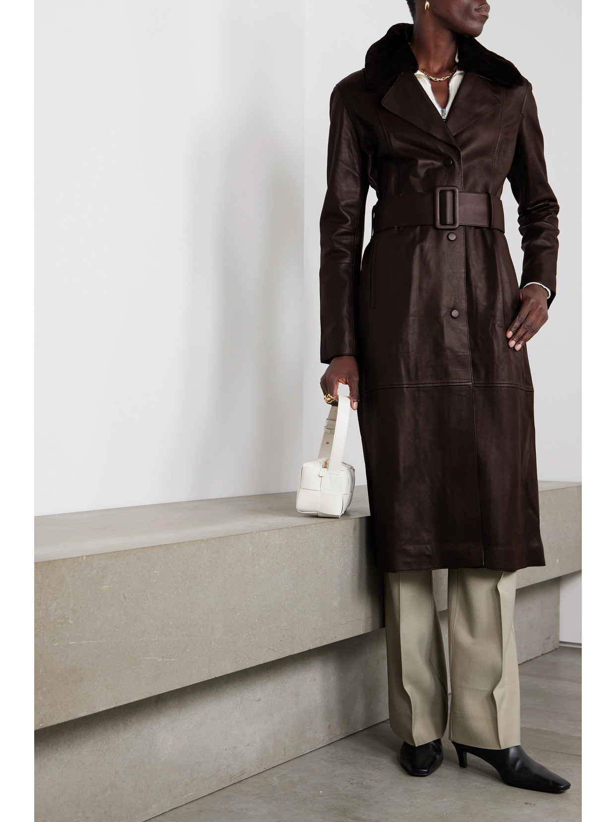 Yves Salomon Belted Shearling-trimmed Leather Coat In Brown