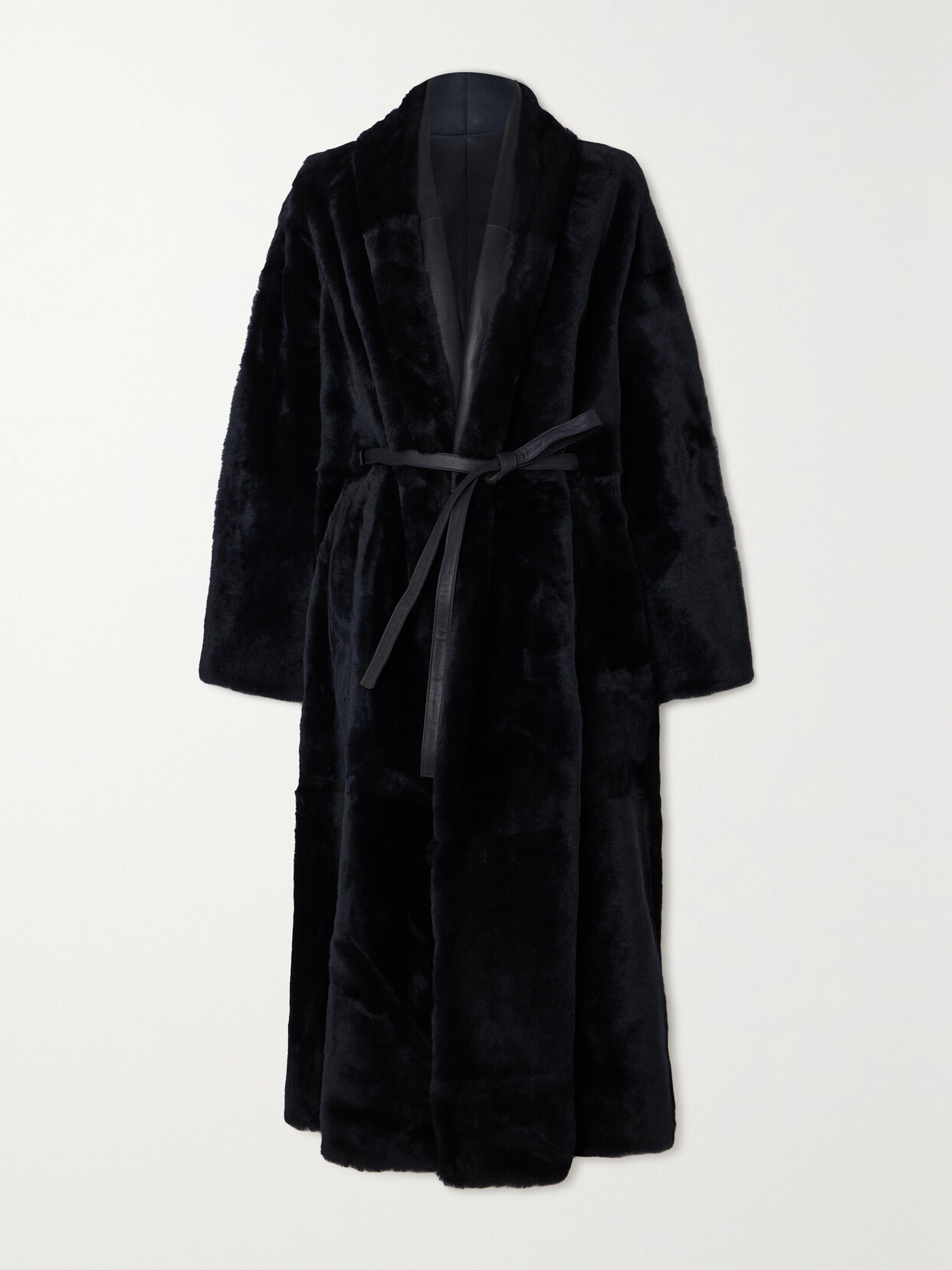 Shop Yves Salomon Belted Leather-trimmed Shearling Coat In Blue