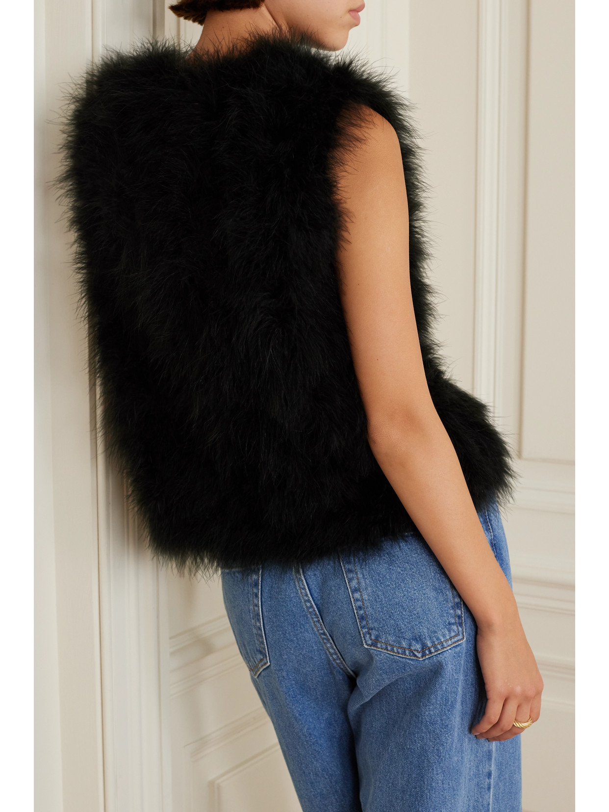 Shop Yves Salomon Feather-embellished Silk-satin Vest In Black