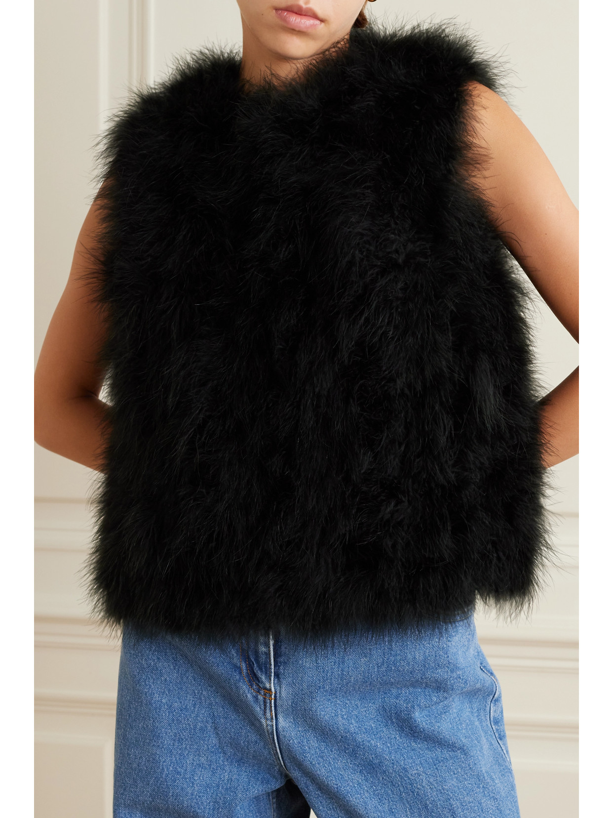 Yves Salomon Black Feather Vest In Black