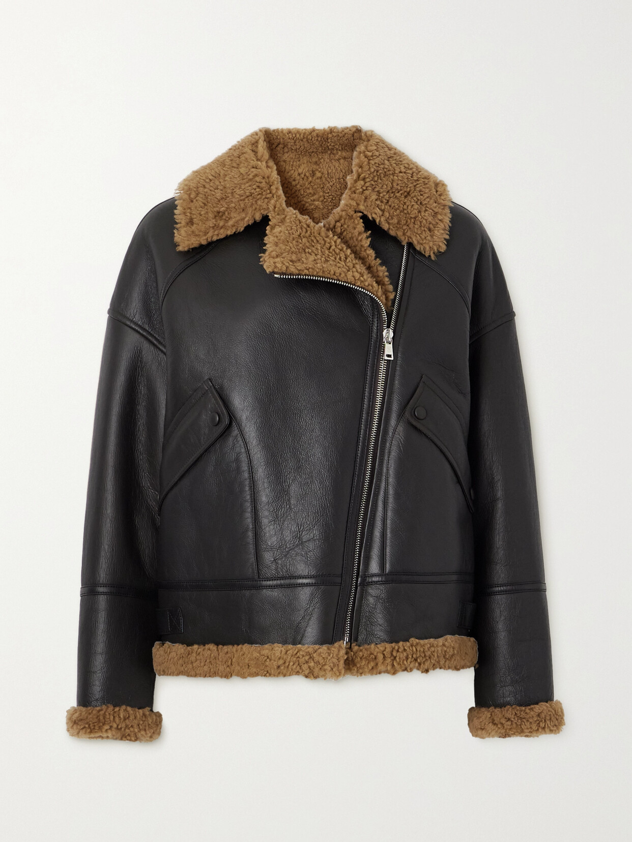 Shop Yves Salomon Shearling-trimmed Leather Jacket In Brown