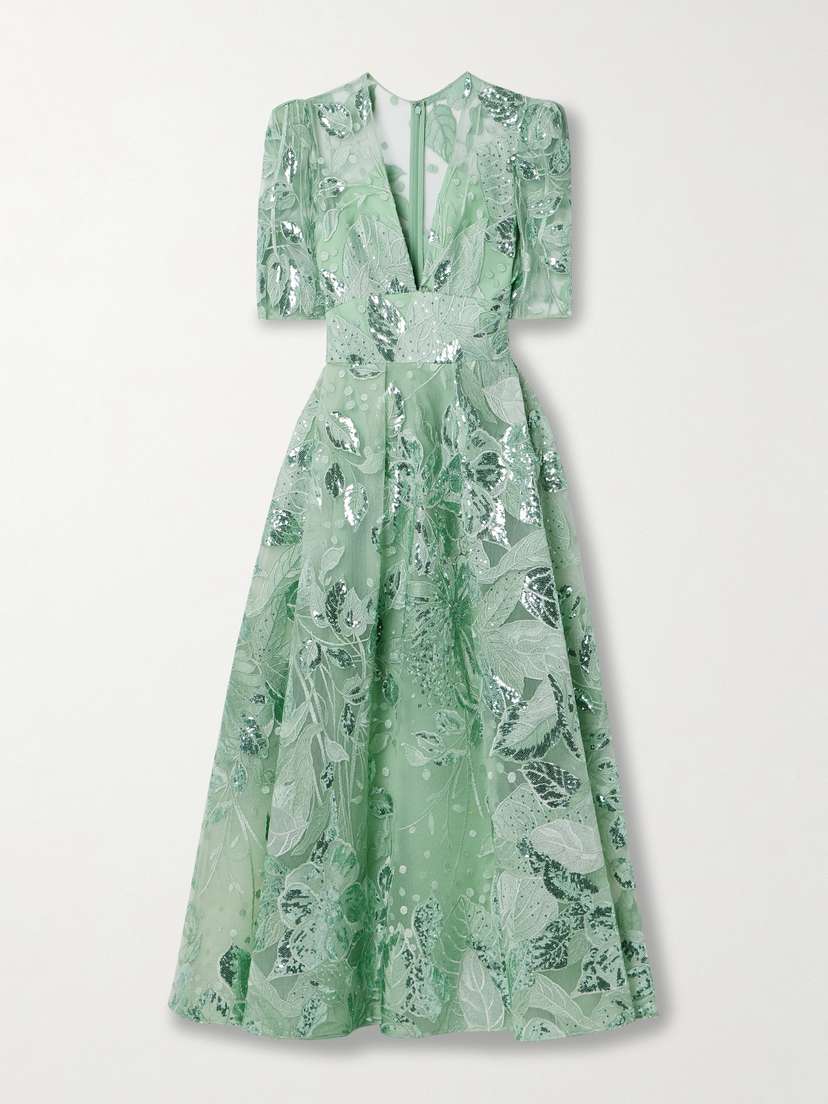 Elie Saab Sequin-embellished Embroidered Tulle Midi Dress