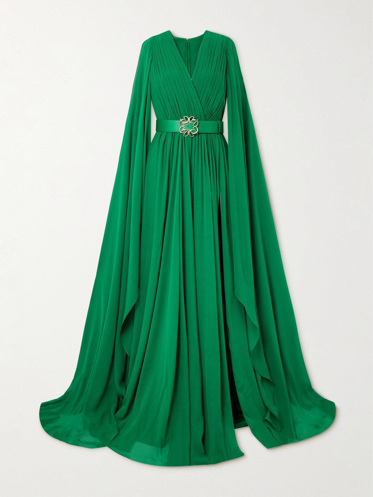 Shop Elie Saab Belted Satin-trimmed Cape-effect Pleated Silk-chiffon Gown In Green