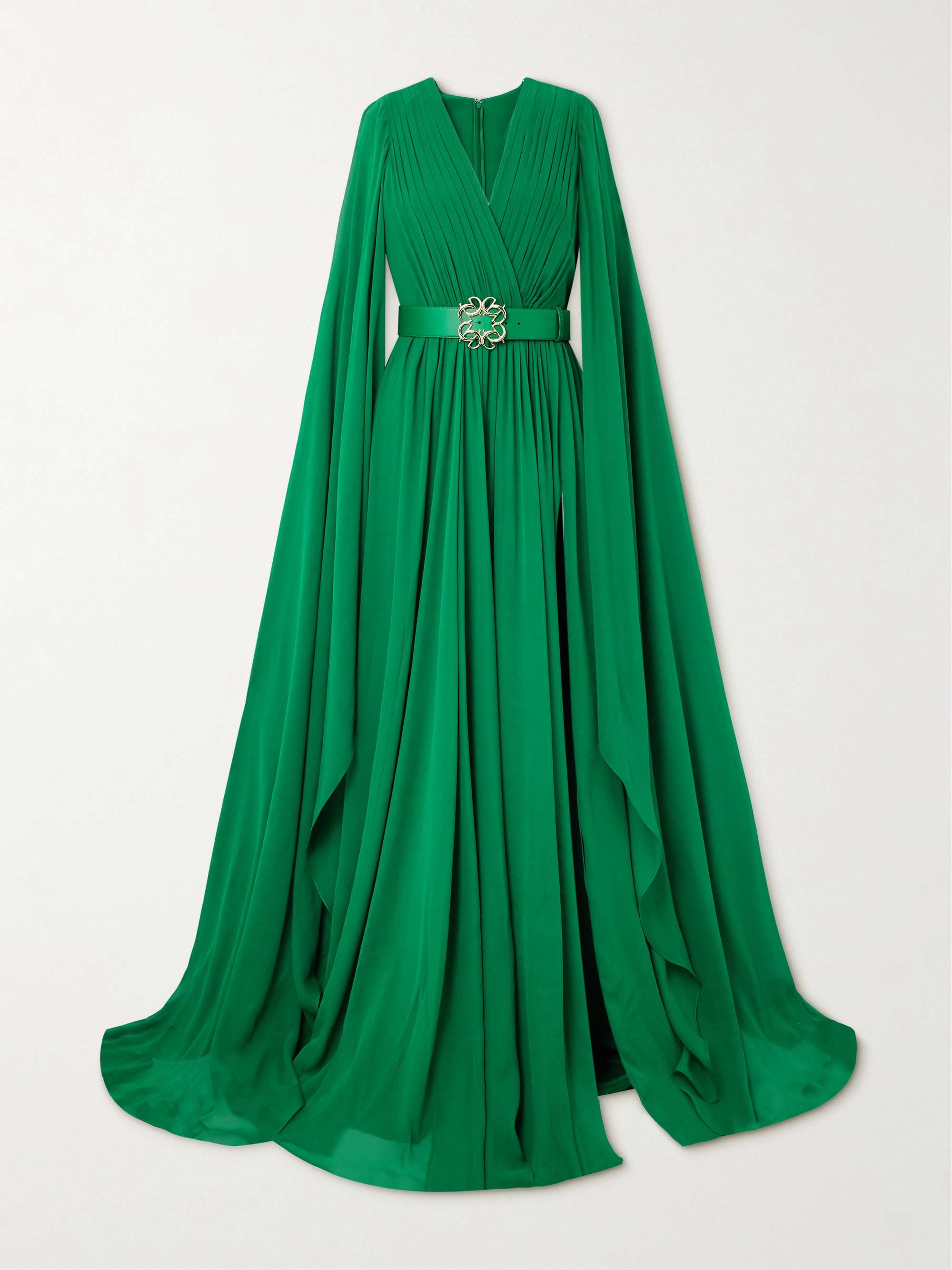 ELIE SAAB Belted satin-trimmed cape-effect pleated silk-chiffon gown ...