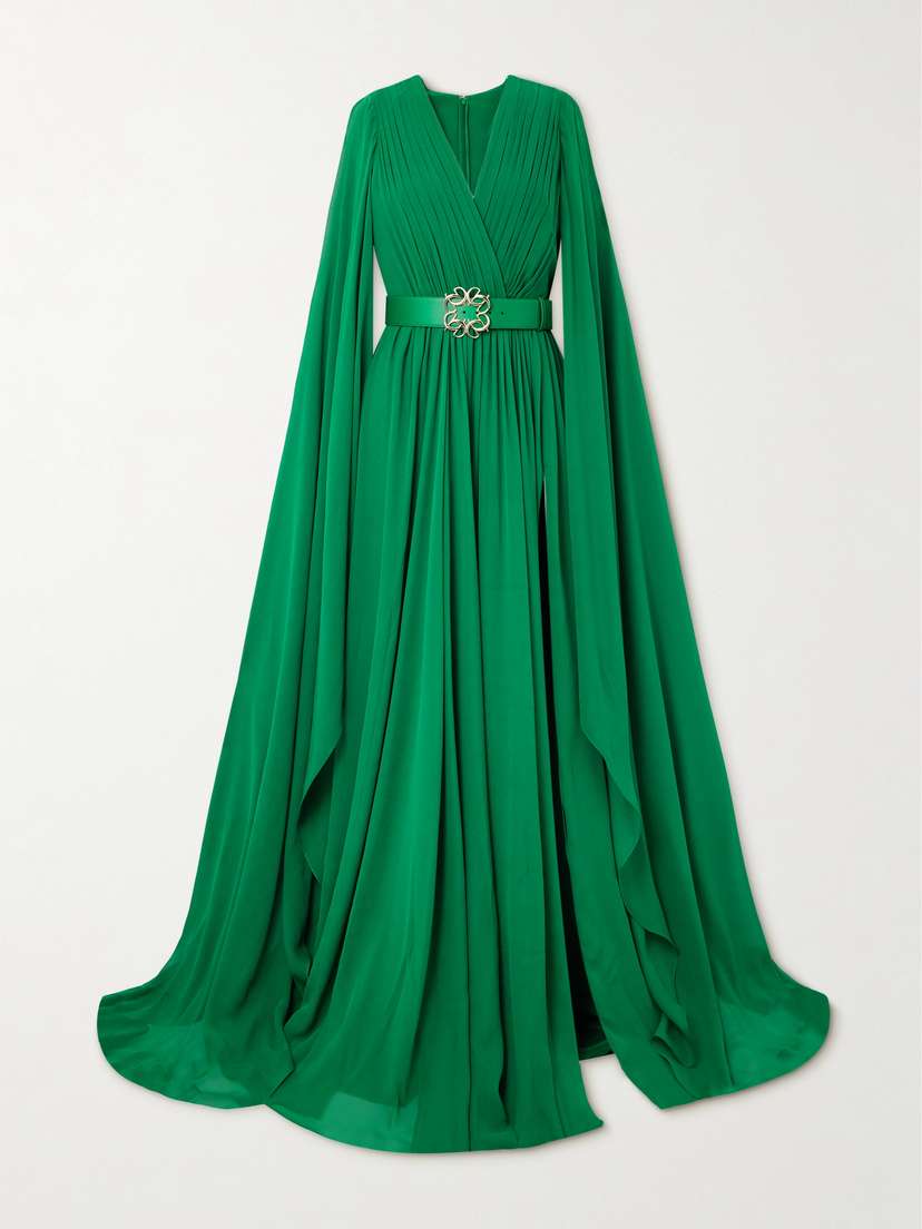 Elie Saab Belted Satin-trimmed Cape-effect Pleated Silk-chiffon Gown