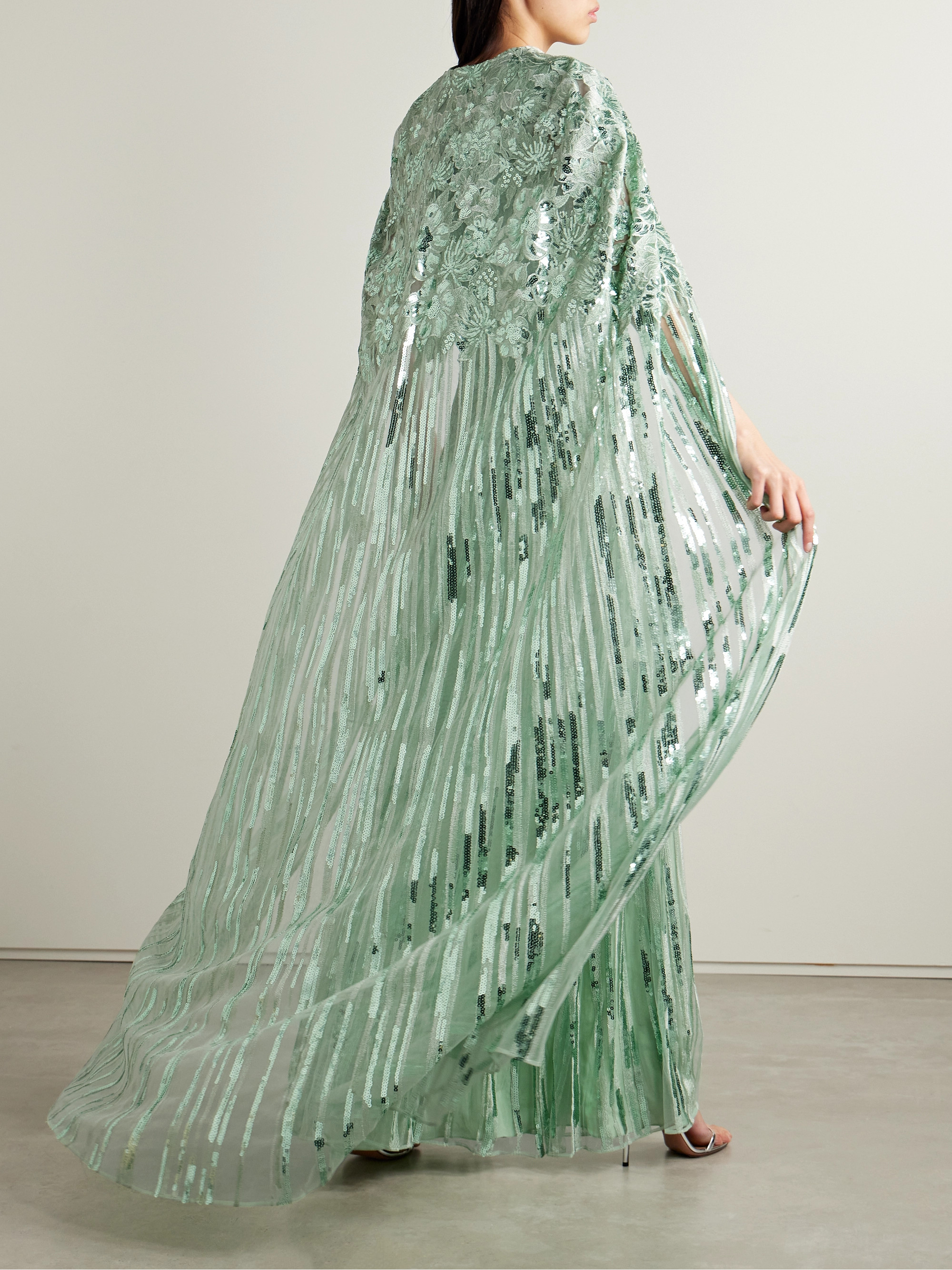 Elie Saab Cape-effect sequin-embellished embroidered tulle gown