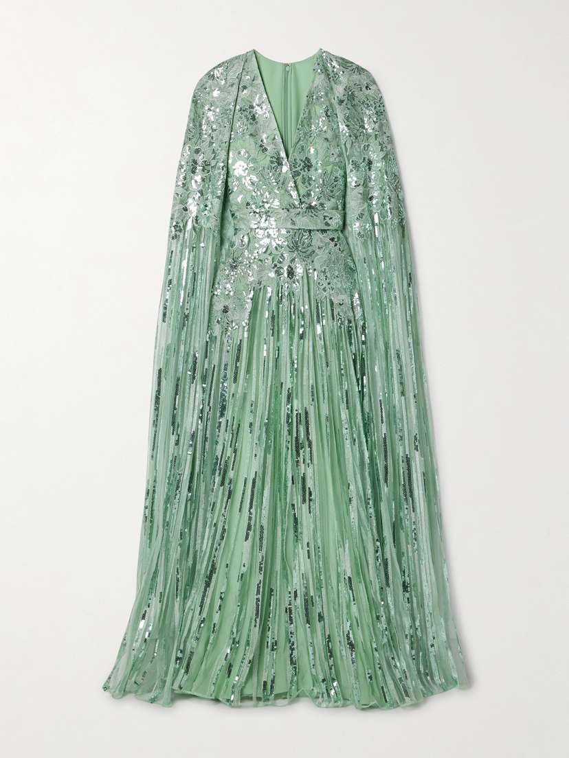 Elie Saab Cape-effect Sequin-embellished Embroidered Tulle Gown