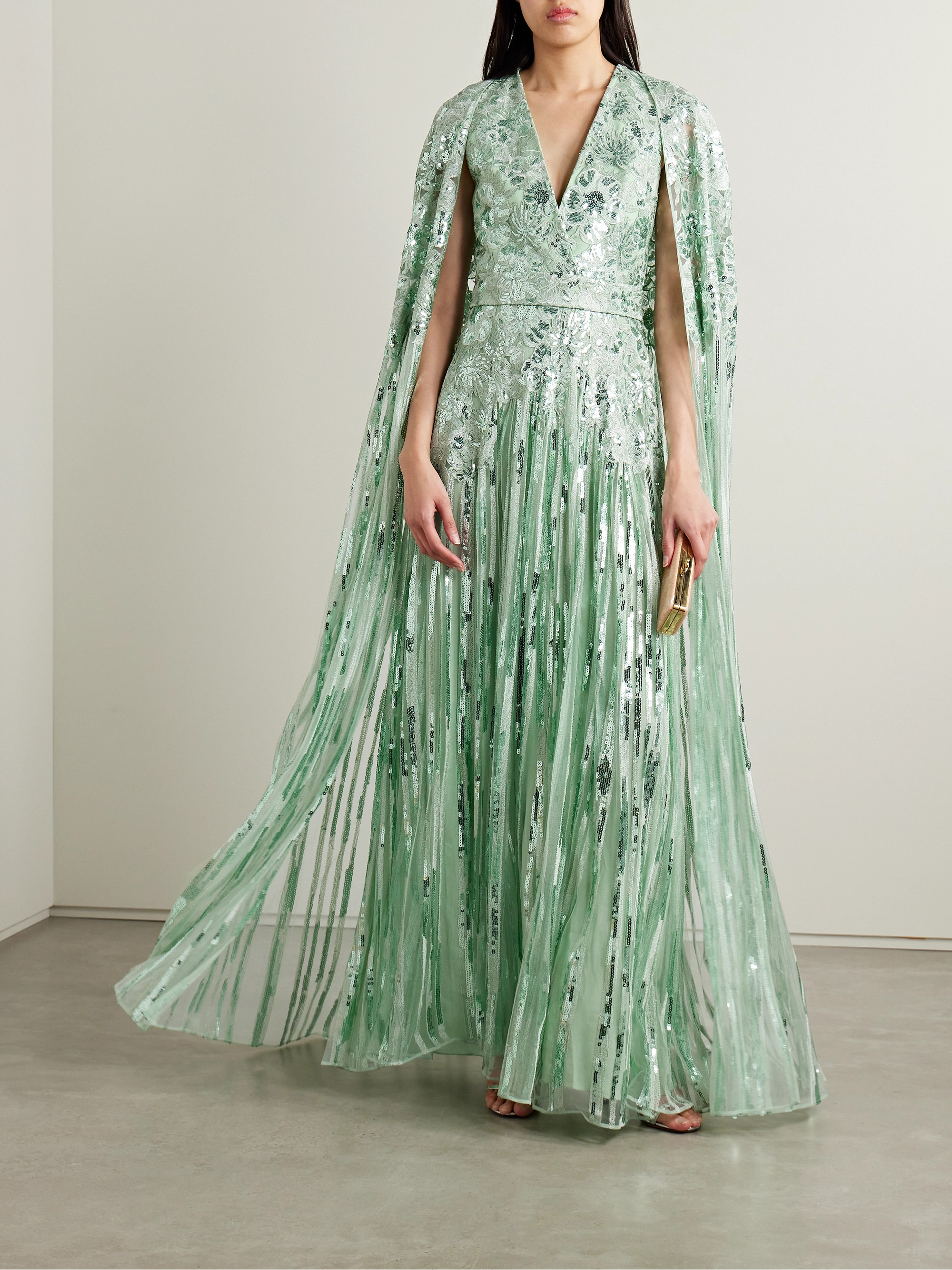 Elie Saab Cape-effect sequin-embellished embroidered tulle gown